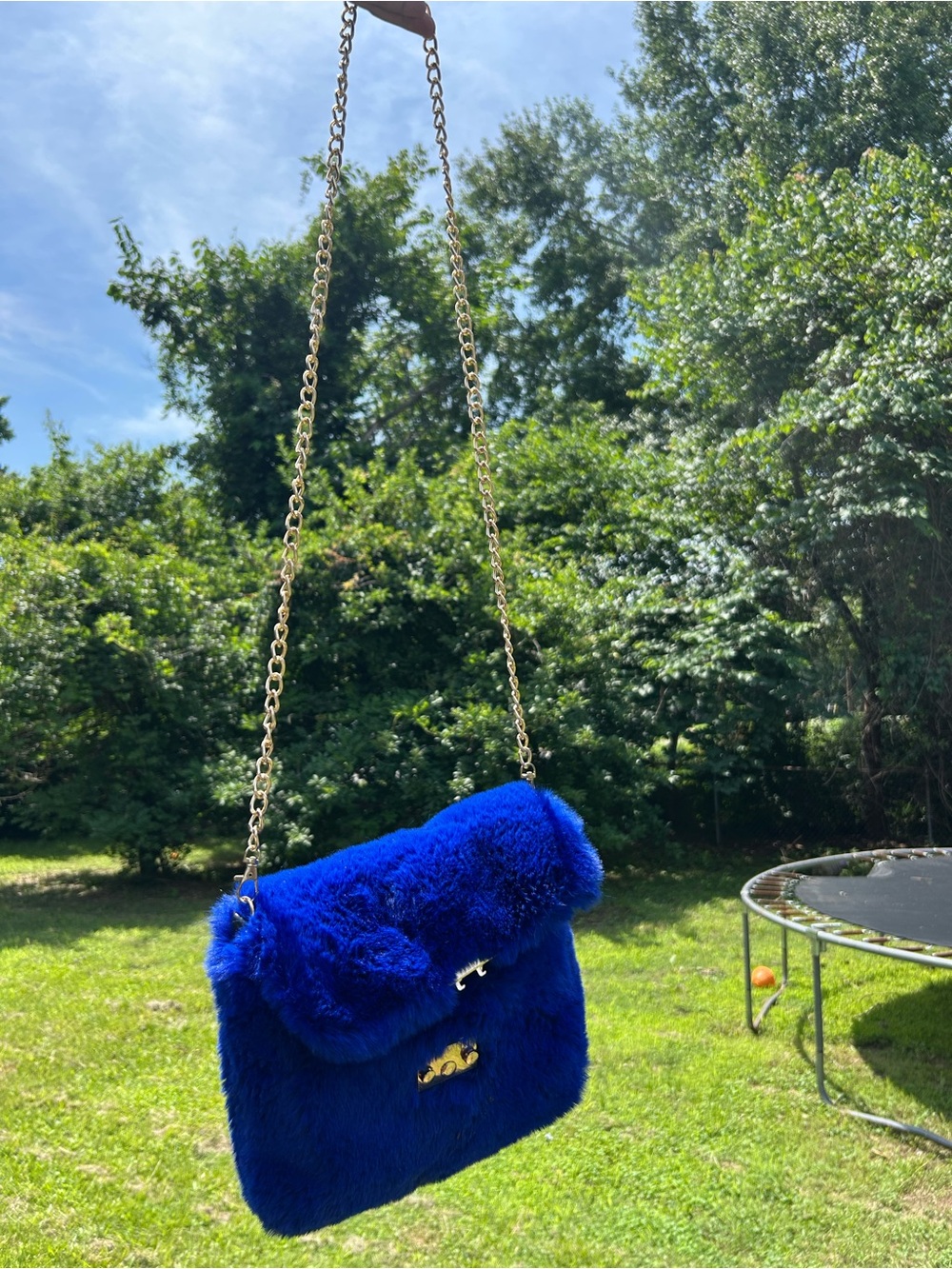 Blue Faux Fur Chain Shoulder Bag - Women's Plush Crossbody